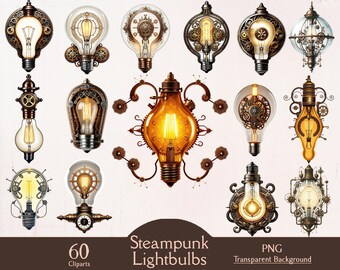 Steampunk gloeilamp clipart, junk dagboek clipart, 60 png cliparts, steampunk bundel, fantasie clipart, vintage ephemera, digitale fantasy art