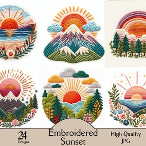 Embroidered sunset, 24 JPG images, embroidery, sunset, landscape, forest, mountain, snowy, digital, download, printable, junk journal
