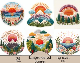 Embroidered sunset, 24 JPG images, embroidery, sunset, landscape, forest, mountain, snowy, digital, download, printable, junk journal