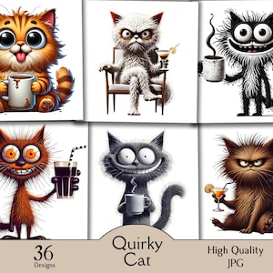 Quirky Cat, 36 JPG Images, Funny Cat, Coffee Cat, Grumpy Cat, Happy Cat ...
