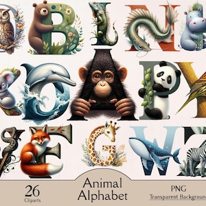 Animal Alphabet, 26 PNG cliparts with transparent background, cute animals alphabet, animal art, printable, junk journaling, paper craft