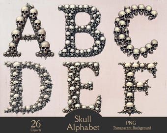 May include: A digital graphic featuring the letters A, B, C, D, E, and F, each composed of numerous small skulls. The image includes the text "Skull Alphabet," "26 Cliparts," and "PNG Transparent Background."