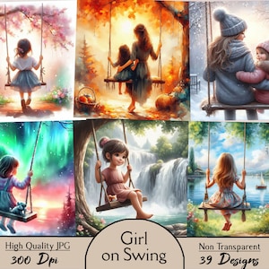 May include: A set of six digital illustrations featuring girls on swings in various settings. The illustrations include a girl on a swing in a forest with autumn leaves, a girl on a swing in a snowy forest, a girl on a swing in a forest with a waterfall, a girl on a swing in a forest with a sunset, a girl on a swing in a forest with a lake, and two girls on a swing in a forest with a lake. The illustrations are all in a cartoon style and are perfect for use in digital scrapbooking, card making, and other creative projects.