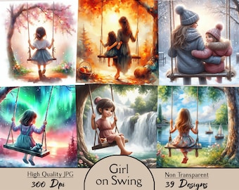 Girl on swing, 39 jpg images, floral, swing, flowers, swing,  tree,  clipart, digital, download, scrapbooking ,printing, spring, printable