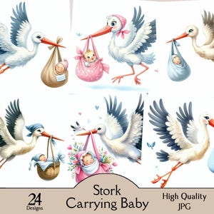 以下が含まれることがあります： さまざまなポーズで赤ちゃんを運ぶコウノトリのデジタルイラスト24点セット。コウノトリは白く、黒い翼とくちばしをしています。赤ちゃんは毛布に包まれ、かごやスリングで運ばれています。イラストは漫画風で、赤ちゃん関連のプロジェクトに最適です。