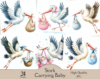 Stork Carrying Baby, 24 JPG, Clipart, Adorable Baby, Clipart Bundle, Newborn, Art, baby shower, Digital, Download, Newborn, Printable