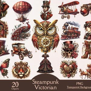 Clipart victoriano steampunk, paquete de 20 imágenes prediseñadas PNG, diseños de sublimación, imágenes prediseñadas, victoriano vintage, digital, descarga, manualidades de papel