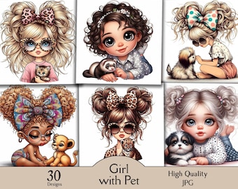 Girl with pet, 30 JPG images, pet lover, cute girl. cute pet, baby animal, clipart, digital, printable, paper craft, junk journal, pet image