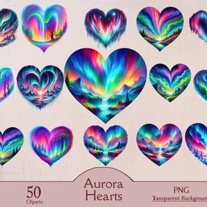 Aurora hearts, 50 PNG cliparts, aurora borealis, aurora australis, heart, digital, printable, romantic, northern pole, southern pole