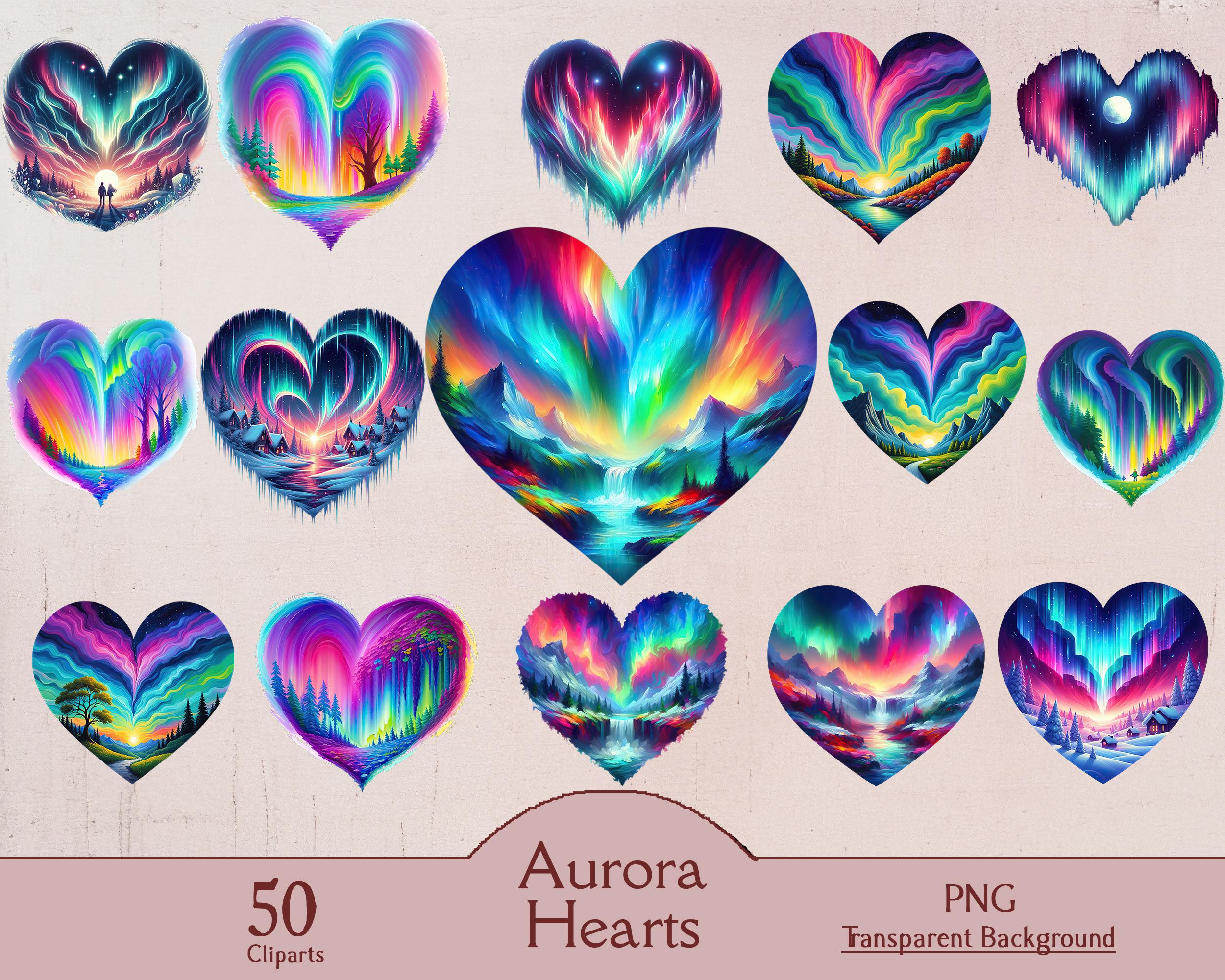 Aurora hearts, 50 PNG cliparts, aurora borealis, aurora australis, heart, digital, printable, romantic, northern pole, southern pole