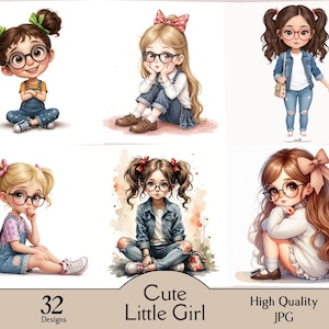Cute little girl clipart bundle, 32 JPG, whimsical illustration, printable watercolor clipart, high quality JPG, paper craft, junk journal