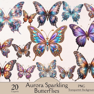 Borboleta Aurora brilhante, borboleta com glitter, 20 clipart PNG, criação de cartões, clipart de borboleta, arte de borboleta, cor da Aurora, clipart com glitter