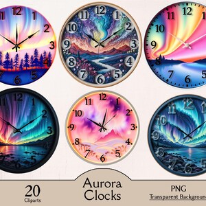 Pode incluir: Seis relógios redondos com designs coloridos de auroras boreais. Cada relógio tem marcadores de hora em algarismos romanos pretos e ponteiros pretos. Os relógios estão sobre um fundo branco.