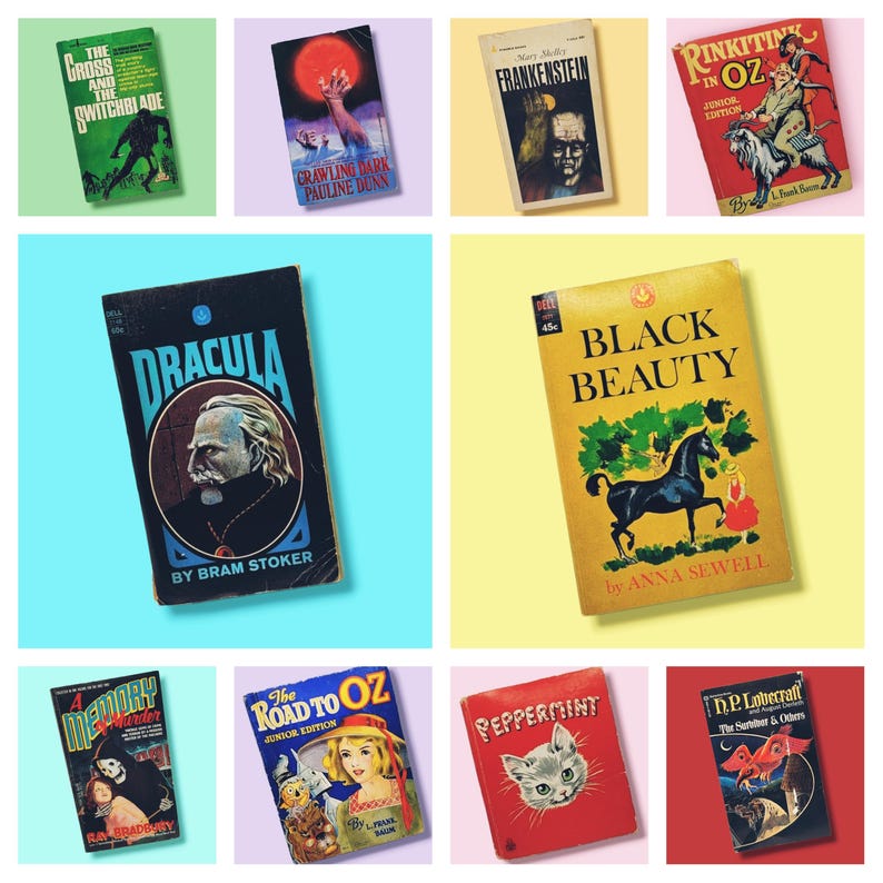 May include: A collection of vintage paperback books with colorful covers. The books include titles like "Dracula", "Black Beauty", "The Road to Oz", "The Cross and the Switchblade", "Frankenstein", "Rinkitink in Oz", "A Memory Mystery", and "Peppermint".
