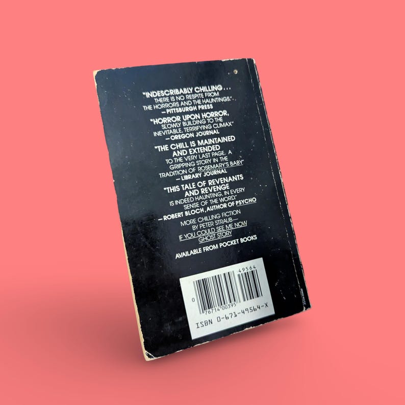 May include: Black and white book cover with the title "Indescribably Chilling" and the text "There is no respite from the horrors and the hauntings..."  The book is by Peter Straub and is available from Pocket Books.
