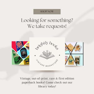 May include: A white square with the text "brightly books vintage bookstore" and a black illustration of an open book with flowers. The square is surrounded by colorful book covers with titles like "Ghost Story" and "Dracula".