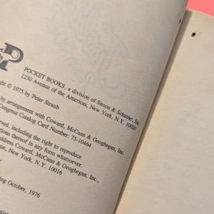 May include: A close-up of the copyright information for a book published by Pocket Books, a division of Simon & Schuster, Inc. The text includes the year 1975, the author's name Peter Straub, and the publisher's address in New York City.