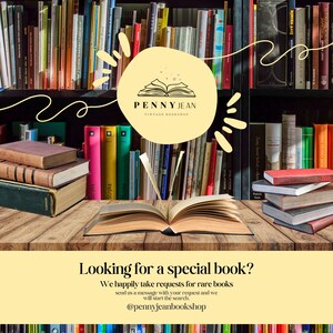 May include: A vintage bookstore called Penny Jean with a yellow logo featuring a book and the text "Penny Jean Vintage Bookshop". The image shows a stack of books on a wooden table with a book open in the middle of the table. The background is a bookshelf filled with books.