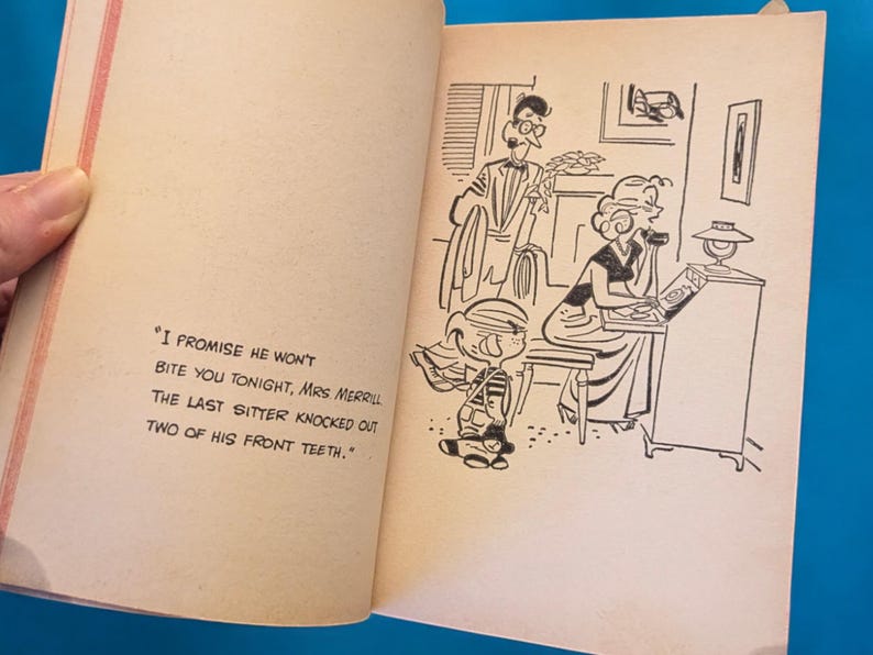May include: A black and white illustration of a family with a child. The child is saying, "I promise he won't bite you tonight, Mrs. Merrill. The last sitter knocked out two of his front teeth."