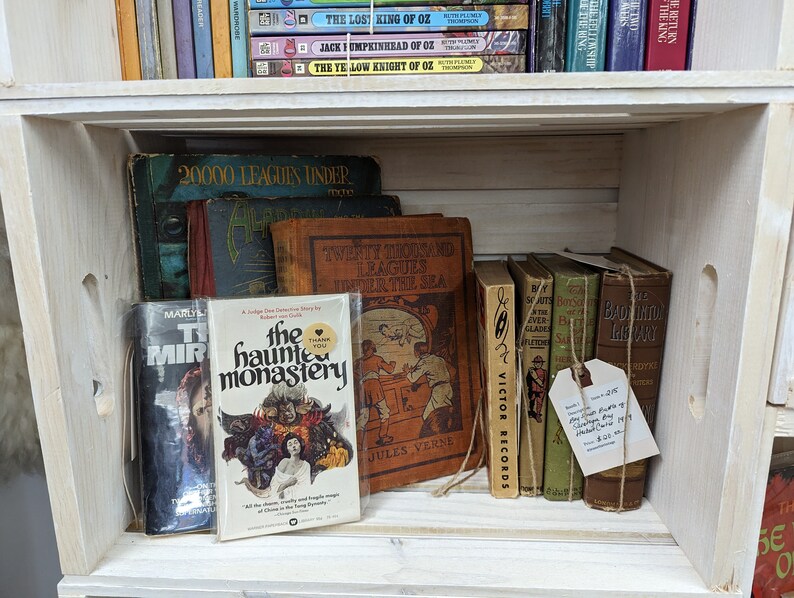 May include: A wooden crate shelf filled with vintage books. Titles include "20,000 Leagues Under the Sea" and "The Haunted Monastery." The books vary in color, with some bound in green and brown. A price tag is attached to a bundle of books.