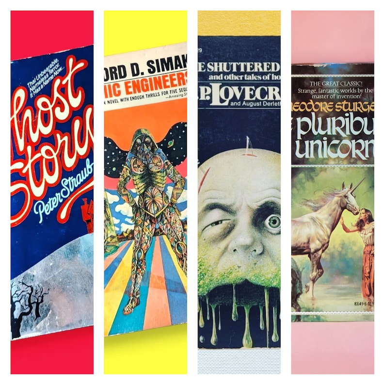 May include: Four vintage paperback book covers. The covers feature illustrations and titles like "Host Story" by Peter Straub, "Psychic Engineers", "The Shuttered Room", and "Pluribus Unicorn" by Theodore Sturgeon.