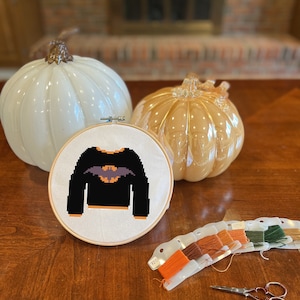 Fall Sweater Cross Stitch Pattern - Bat - Cozy Autumn DIY Embroidery Instant Download