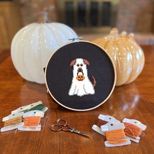 Ghost Dog Trick-or-Treater Cross Stitch Pattern PDF | Easy Halloween Cross Stitch Pattern for Beginners