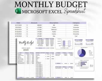 May include: A purple and white monthly budget spreadsheet with a chart showing income versus actual spending, a pie chart showing spending breakdown, and a bar chart showing budget versus actual amounts. The spreadsheet includes columns for date, amount, description, and category.