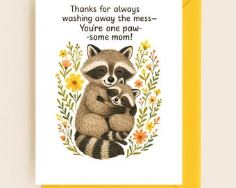 Mammas födelsedagskort, mors dag-kort, blommigt kort till mamma, roligt mors dag-kort, moderskapskort, nybliven mamma, digital nedladdning, tvättbjörnskort