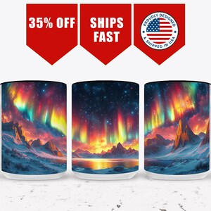 May include: White ceramic mug with a black rim and handle. The mug features a colorful aurora borealis scene with mountains and a lake in the foreground. The text "35% OFF" is visible in the top left corner of the image.