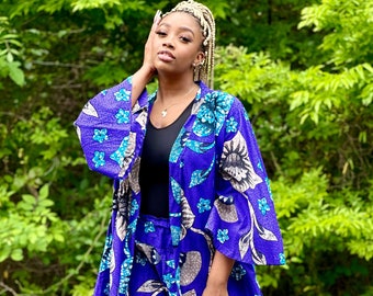 Kimono Flower Print Blue Dress Women's Summer Dress Long African Print Kimono Jacket for Women African Women Clothing Gift for Her