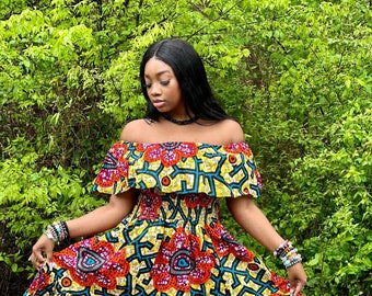 Ankara Printed Fit and Flare Dress Ankara Midi Dress Traditional Kente Midi Dress for Women African Dress For Ladies Free Size Gift for Her