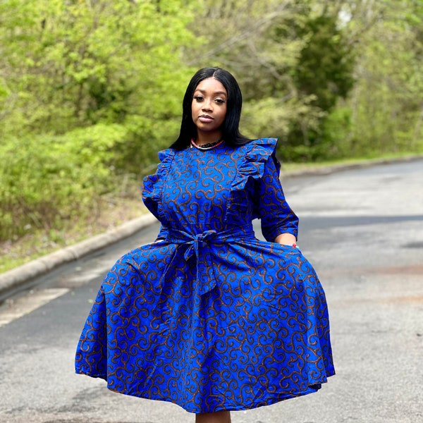 Trending Shweshwe Wedding Dress African Print Blue Midi Dress Ruffle Chest Long Sleeve African Ankara Dress African Clothing Gift for Her