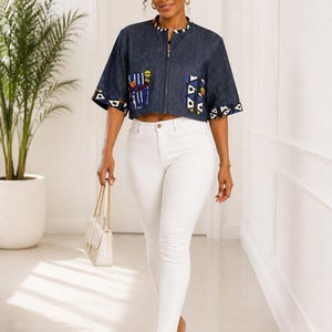 African Print Denim Crop Top – Ankara Patchwork Zip‑Front Blouse, Streetwear, Afrocentric Fashion