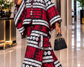 Pinkish Red & Black African Print Pants Kimono Top Set – Elegant Wide‑Leg Ensemble | Afrocentric Outfit | Ankara Clothing