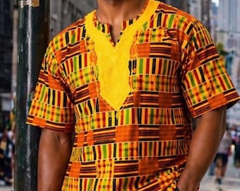 African Men Traditional Outfit – Embroidered Dashiki Shirt Matching Hat, Ankara Print Clothing, Cultural Attire