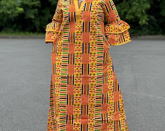 African Print Kente Maxi Dress, Bell Sleeve, African Wax Ankara Pattern, Orange and Yellow