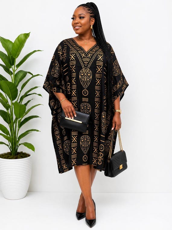 gold dashiki dress African Print Kaftan – Black Tribal Pattern, Loose Fit Mumu, Elegant Ankara Midi Dress related:diana-leotard-sunshine-rtw