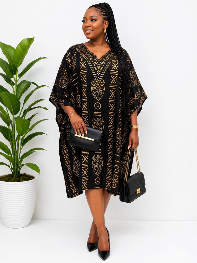 black and gold midi dress Sosandar & Baroque Print Wrap Front forgiving in the waist Garment specs for size SM (Bust Black Asymmetrical Gold Ring Neck