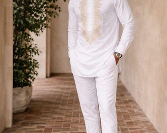 Geborduurde tuniekset voor Afrikaanse mannen | Traditionele formele outfit | Culturele trouwkleding | Handgemaakte etnische kleding