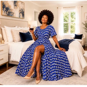 blue african dress designs Blue African Ankara Print Plus Size Clothing Party Dress   Africanclothinghub