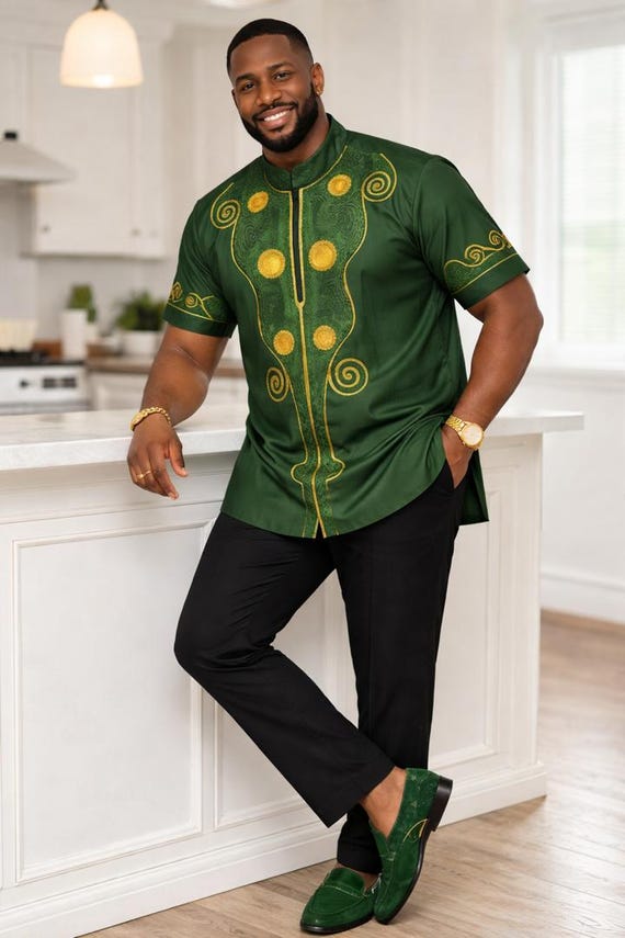 Men's Green Embroidered Dashiki Shirt | Gold Detailing, Cultural Fashion Top