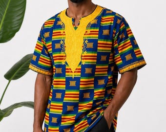 Conjunto de camisa Dashiki y sombrero bordados para hombre – Ropa festiva con estampado Ankara vibrante