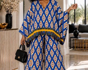 Conjunto de blazer y pantalón con estampado africano, estampado de hojas azules