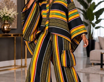 African Striped Pants & Kimono Top Set – Black, Yellow Red Kente‑Inspired Ensemble | Wide‑Leg Outfit | Afrocentric Fashion