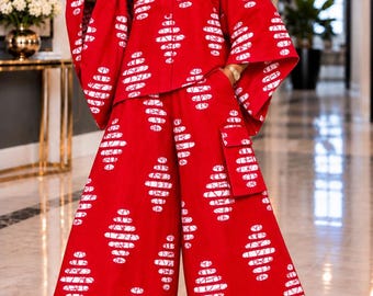 African Print Palazzo Pants Set, Red Ankara Two Piece Outfit, Wide Leg Pants and Top, African Clothing Women