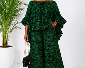 African Print Set – Green Geometric Ankara Top Wide-Leg Pants | Plus Size Festival Outfit | African Two-Piece Ensemble