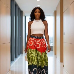 アフリカンプリントのパラッツォパンツ、ハイウエストのアンカラトラウザーズ