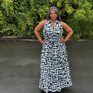 African Print Geometric Print Sleeveless Dress, Black and White Abstract Pattern, Summer Casual Wear