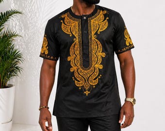 African Men Embroidered Black Dashiki Shirt Golden Detailing, Wedding Outfit, Traditional African Clothing